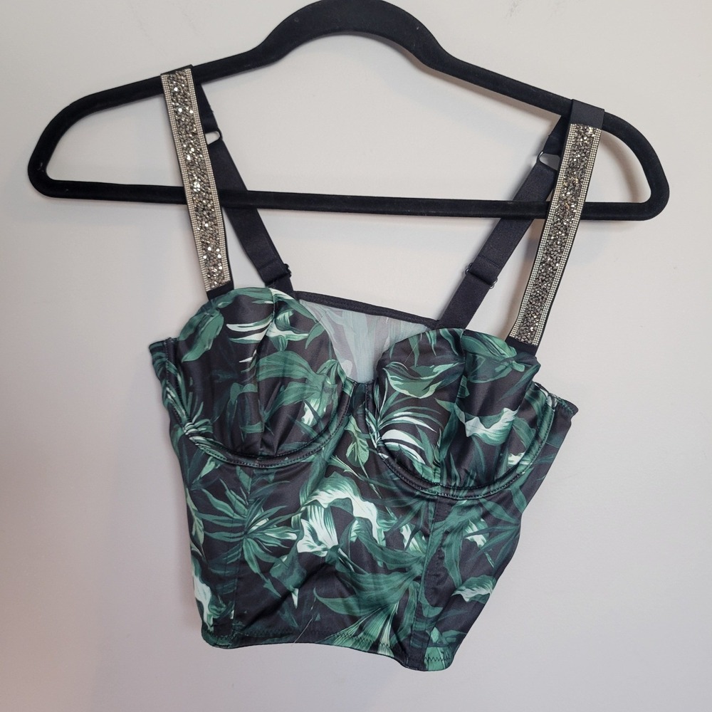 Victorias Secret Tropical Palm Print Rhinestone Strap Bustier Corset Top 32C